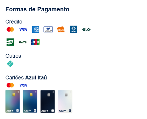 Formas de Pagamento - Crédito, Outros e Cartões Azul Itaú